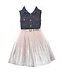 Color:Baby Pink - Image 1 - Little Girls 4-6X Sleeveless Denim/Foil-Printed-Border Mesh Tutu-Skirted Dress