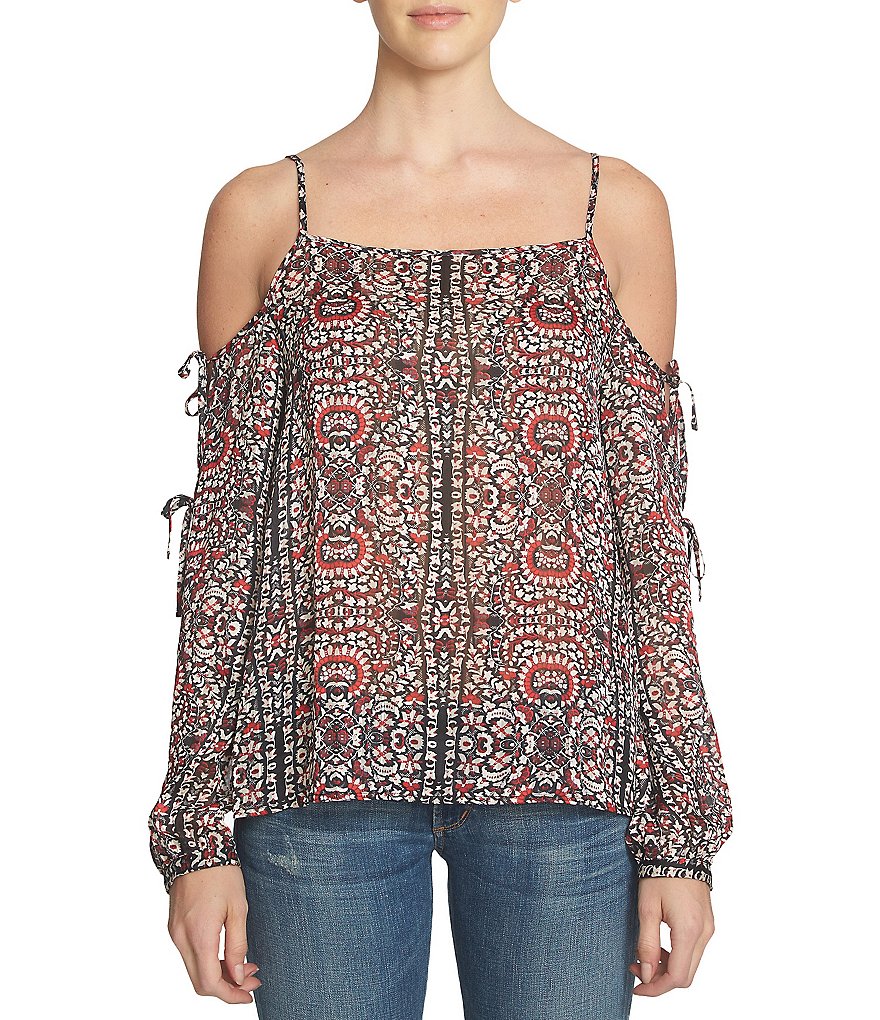 1. STATE Long Sleeve Printed Cold-Shoulder Top
