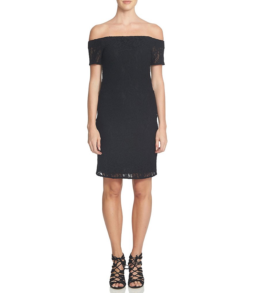 1. STATE Off-The-Shoulder Short Sleeve Lace Bodycon Dress
