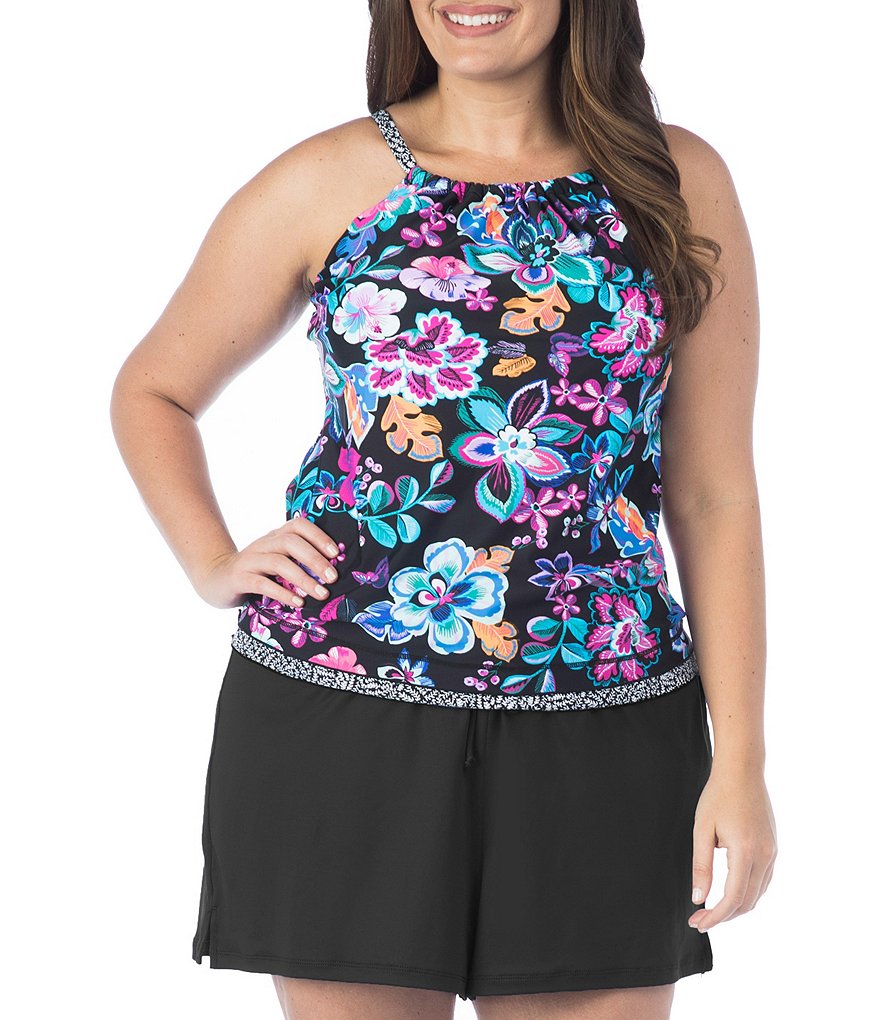 24th & Ocean Plus Folkloric Frenzy High Neck Underwire Ruffle Hem Tankini Top