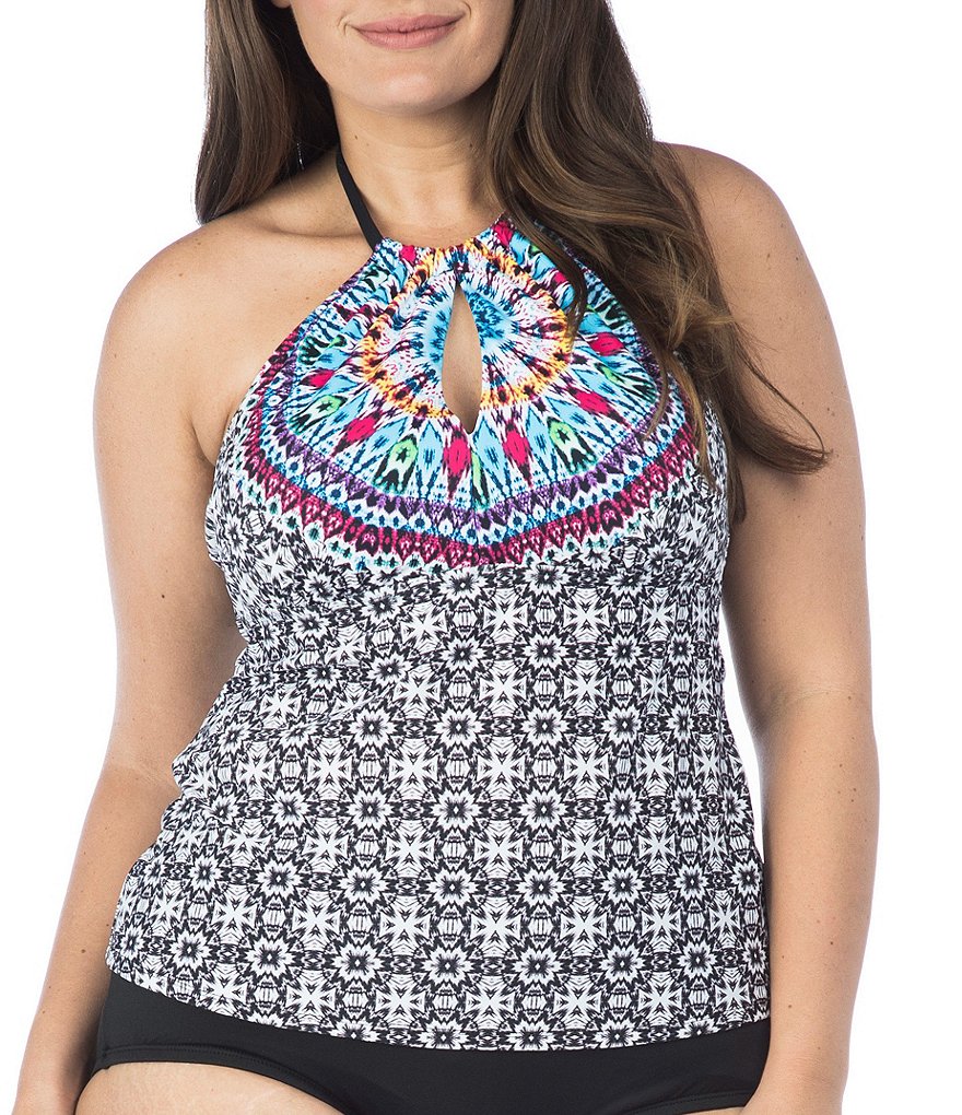 24th & Ocean Plus Tie Dye Medallion High Neck Tankini Swimsuit Top