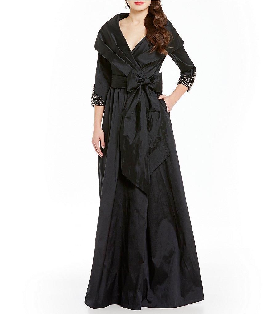 Adrianna Papell 3/4 Sleeve Portrait Collar Wrap Front Bow Sash Gown