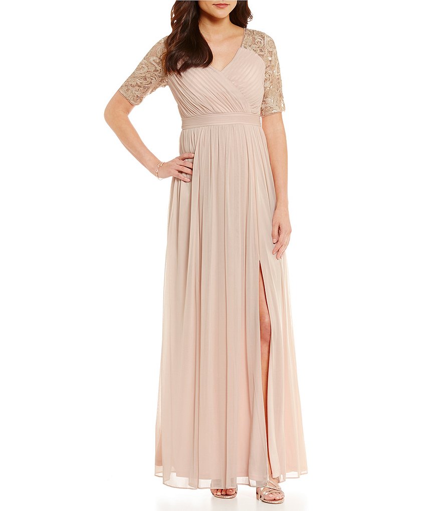 Adrianna Papell 3/4 Sleeve Sequin & Tulle Bodice Gown