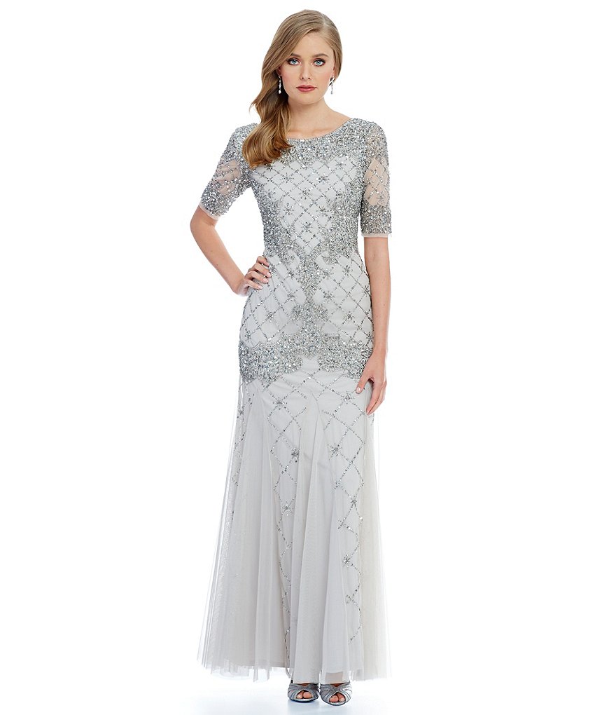 Adrianna Papell Beaded Elbow Sleeve Gown