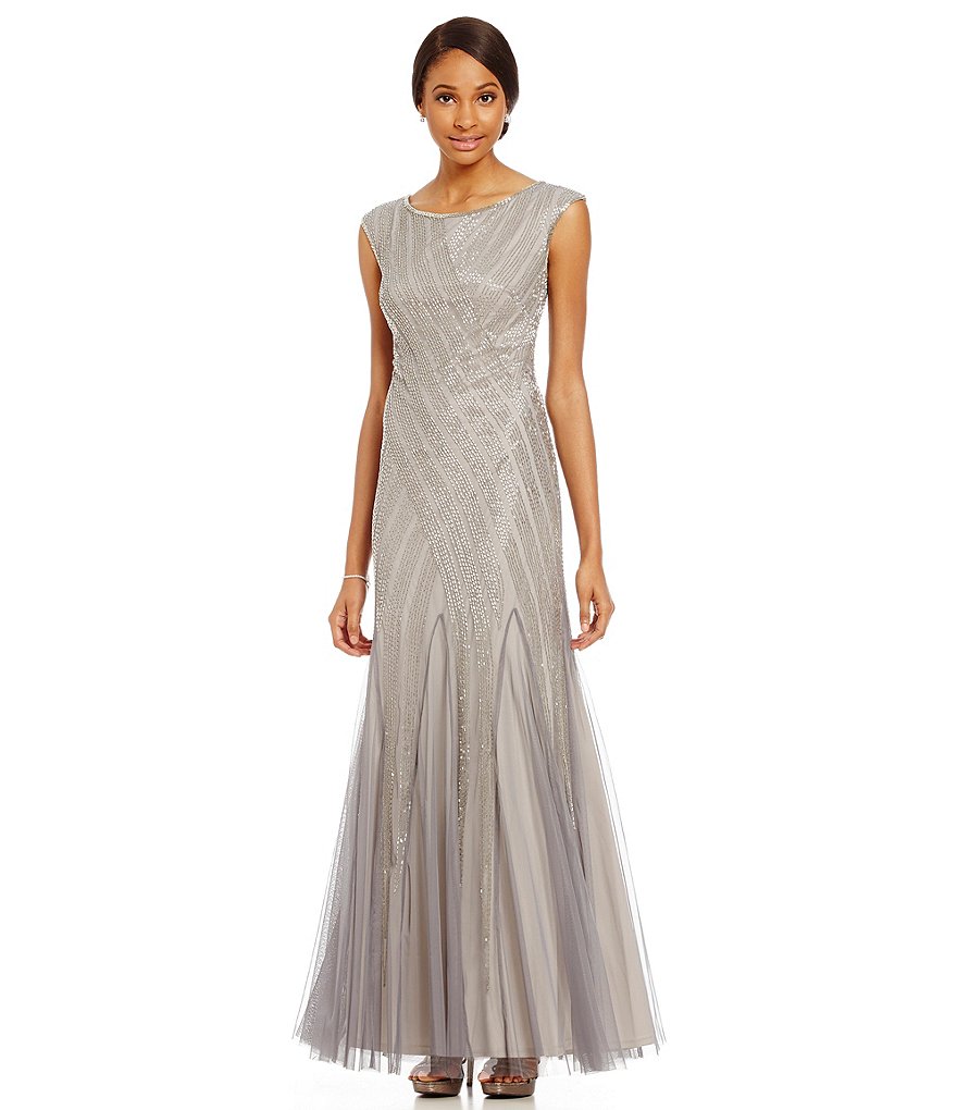 Adrianna Papell Beaded Godet Cap Sleeve Gown