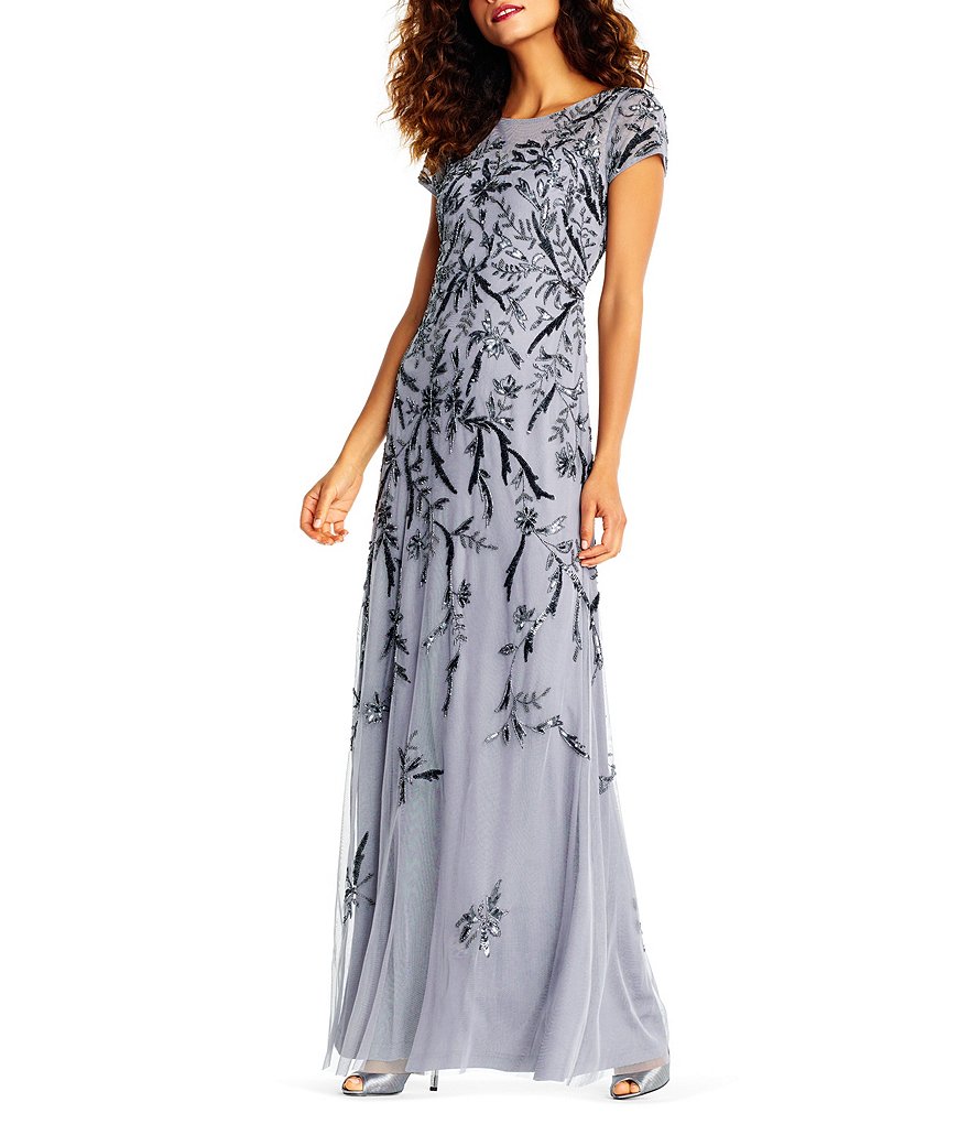 Adrianna Papell Beaded Short Sleeve Column Gown