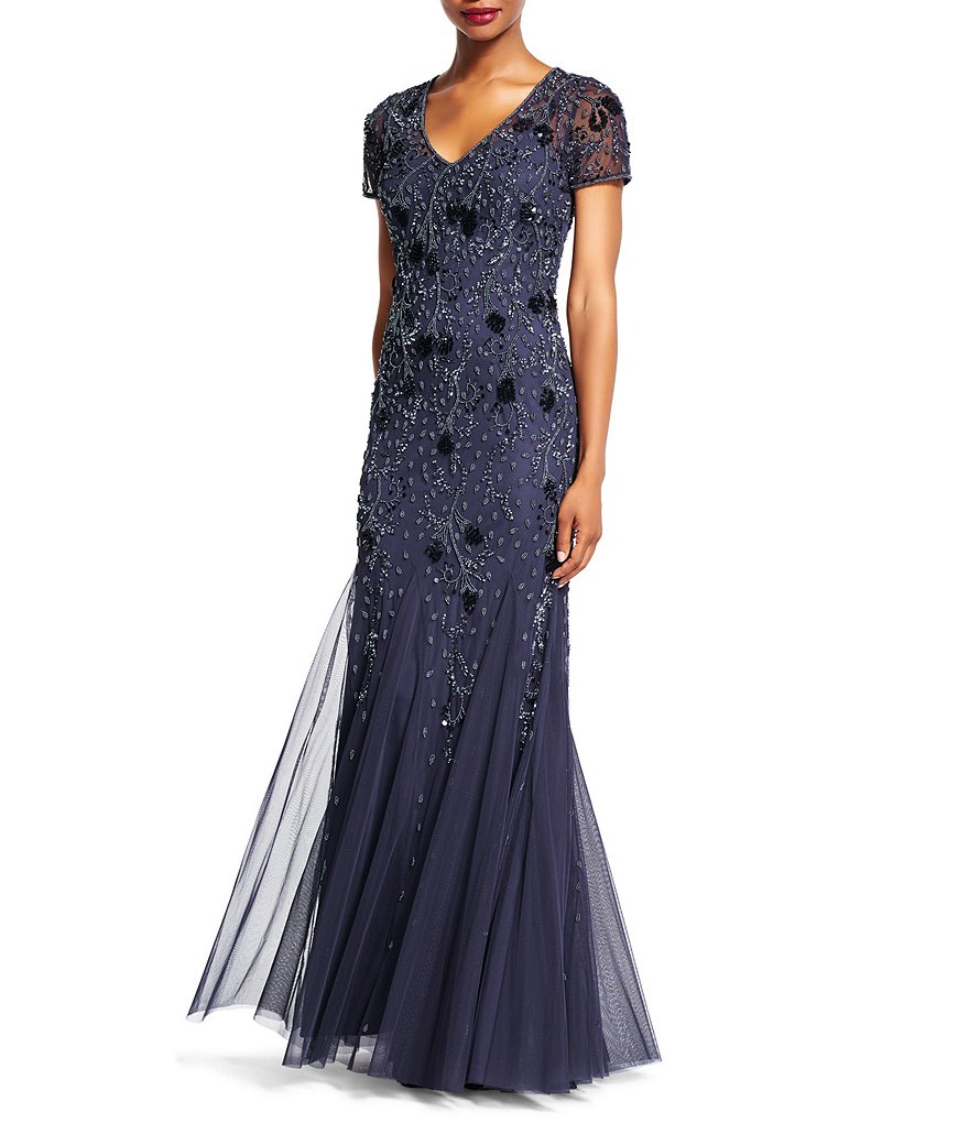 Adrianna Papell Beaded V-Neck Short Sleeve Gown