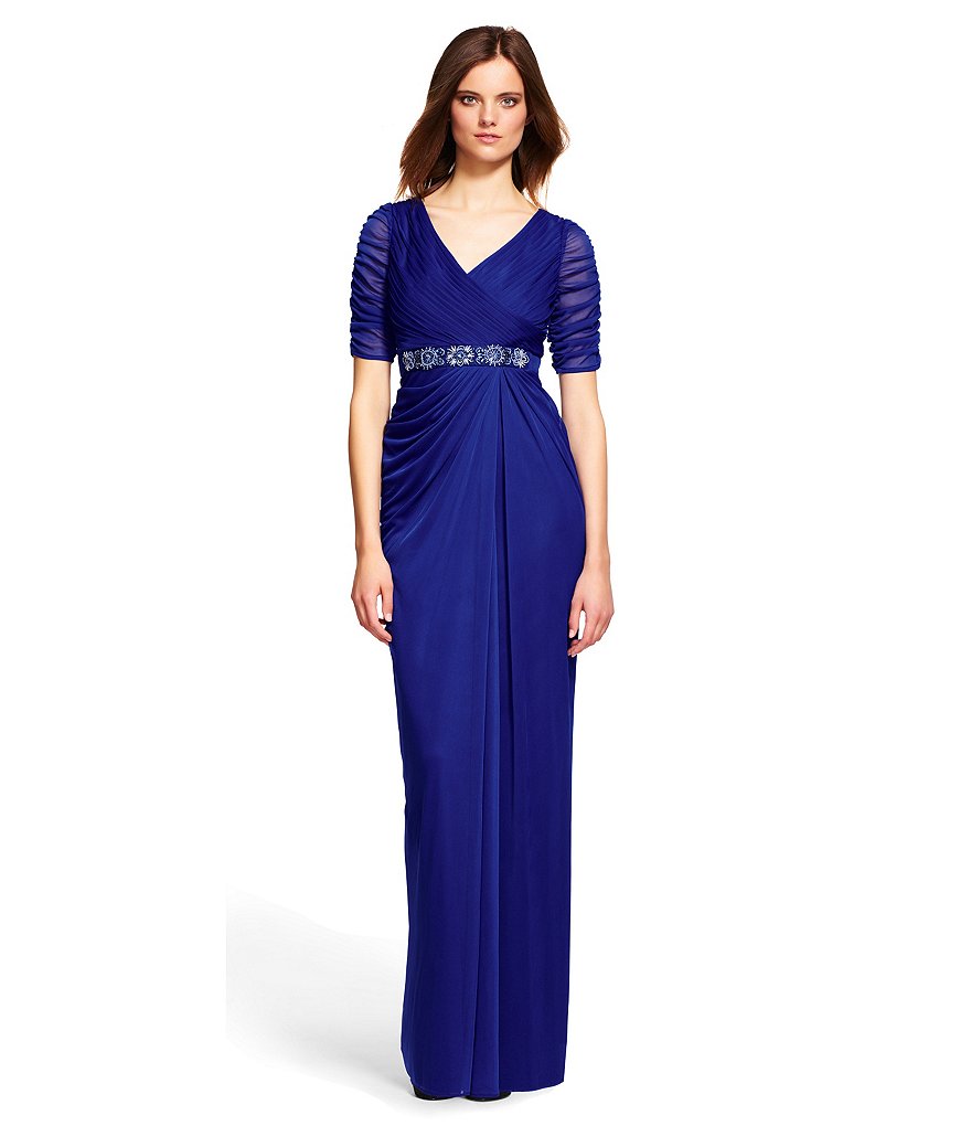 Adrianna Papell Belted Shirred Wrap Gown