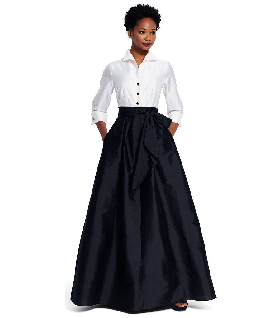 Adrianna Papell Button-Down Blouse 3/4 Sleeve Bow Taffeta Gown