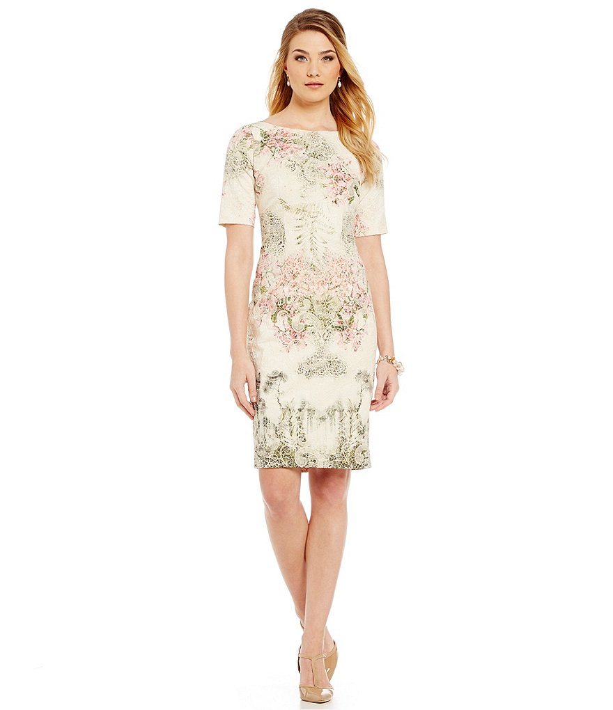Adrianna Papell Border-Print Lace Matelasse Sheath Dress