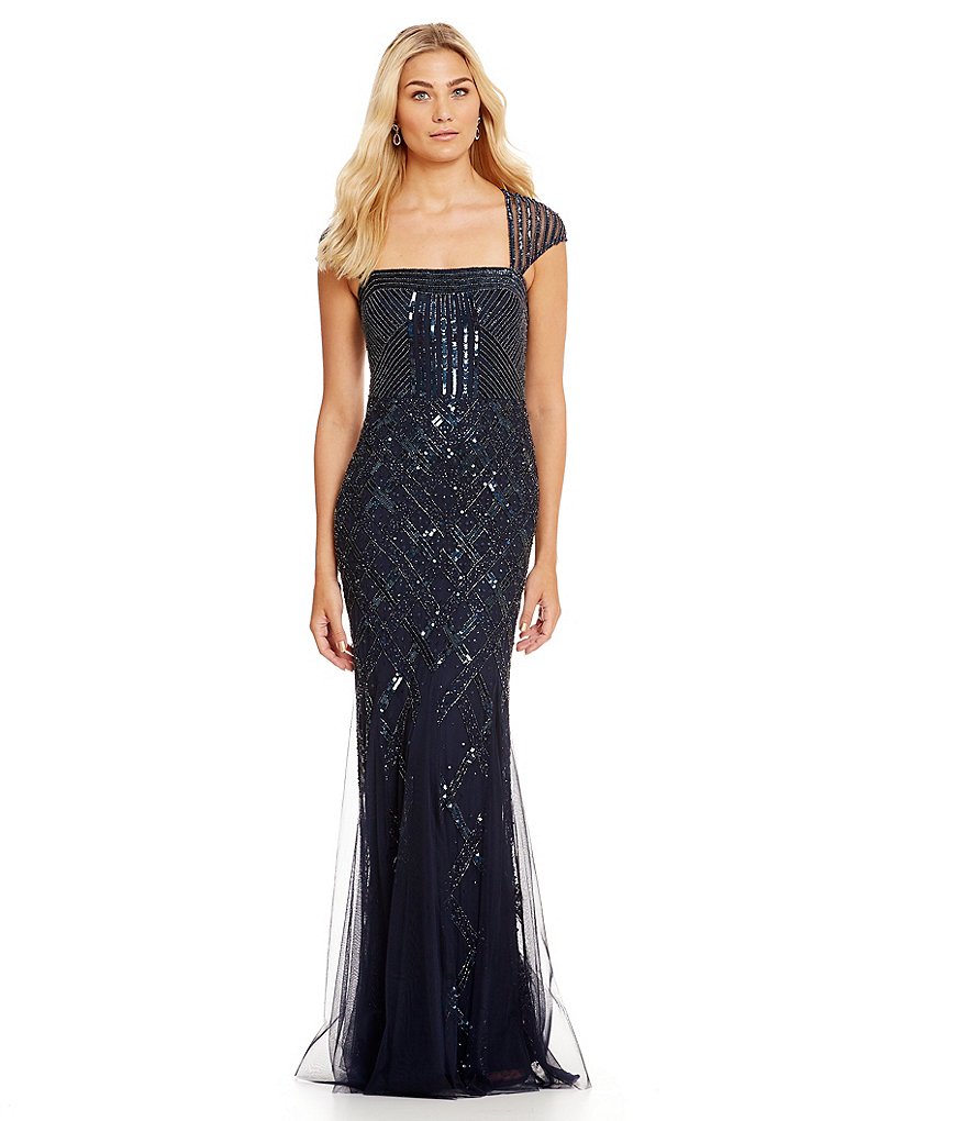 Adrianna Papell Cap-Sleeve Bead Gown