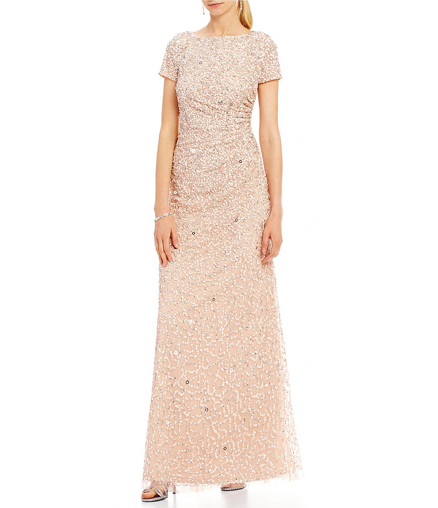 Adrianna Papell Cap-Sleeve Sequin Draped Back Gown