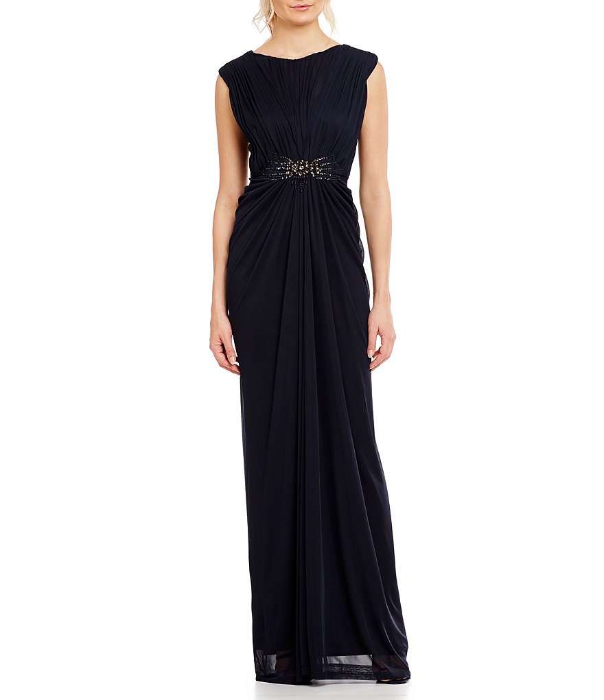 Adrianna Papell Cap Sleeve Beaded Tulle Gown