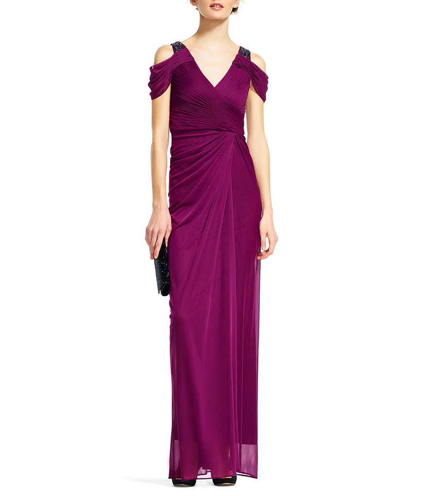 Adrianna Papell Cold Shoulder Ruched V-Neck Gown