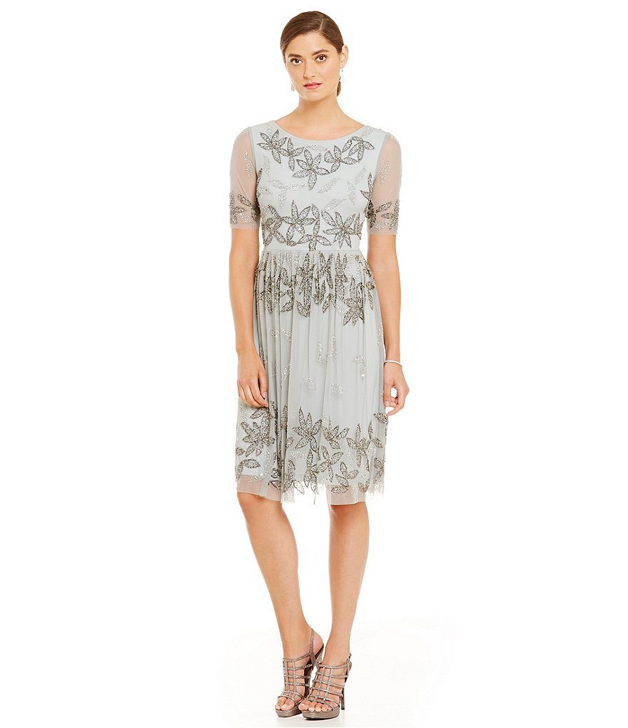 Adrianna Papell Elbow Sleeve Beaded Floral Cocktail Dress