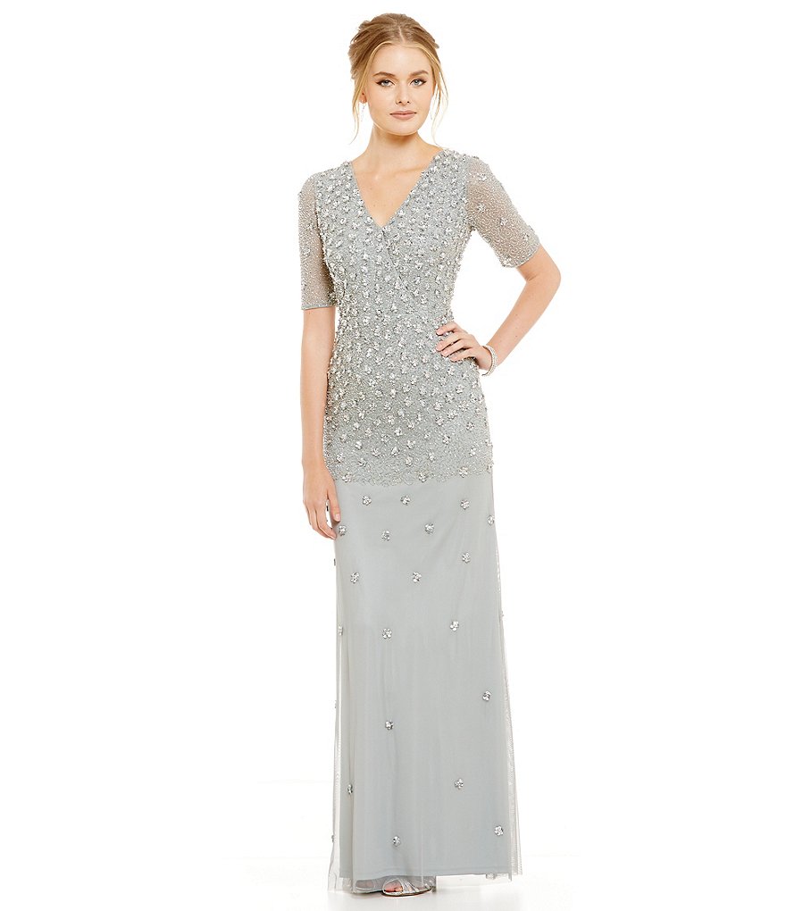 Adrianna Papell Faux Wrap V-Neck Sequin Gown
