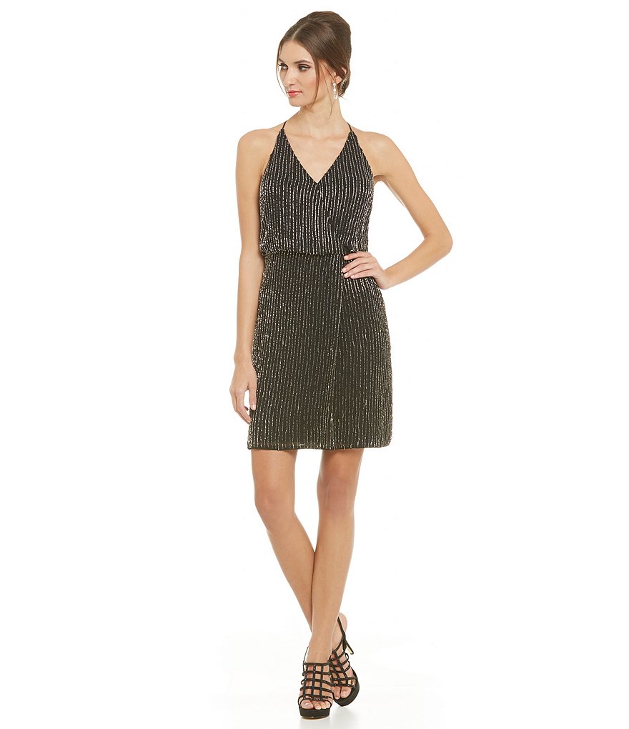 Adrianna Papell Halter V-Neck Sleeveless Beaded Blouson Dress