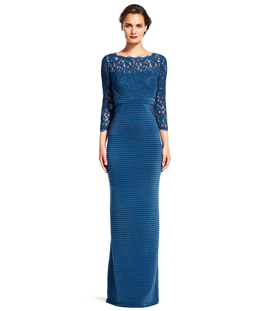 Adrianna Papell Illusion Lace 3/4 Sleeve Pintucked Gown