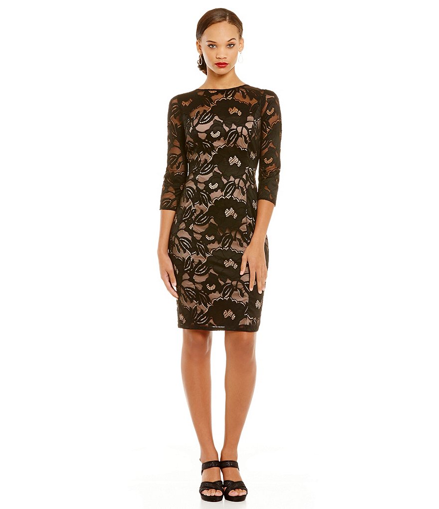 Adrianna Papell Illusion Lace Boat Neck Sheath Dress