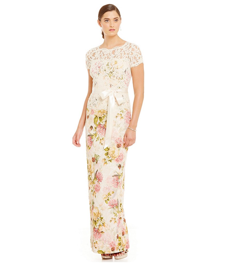 Adrianna Papell Lace Over Lay Bodice Floral Jacquard Short Sleeve Gown