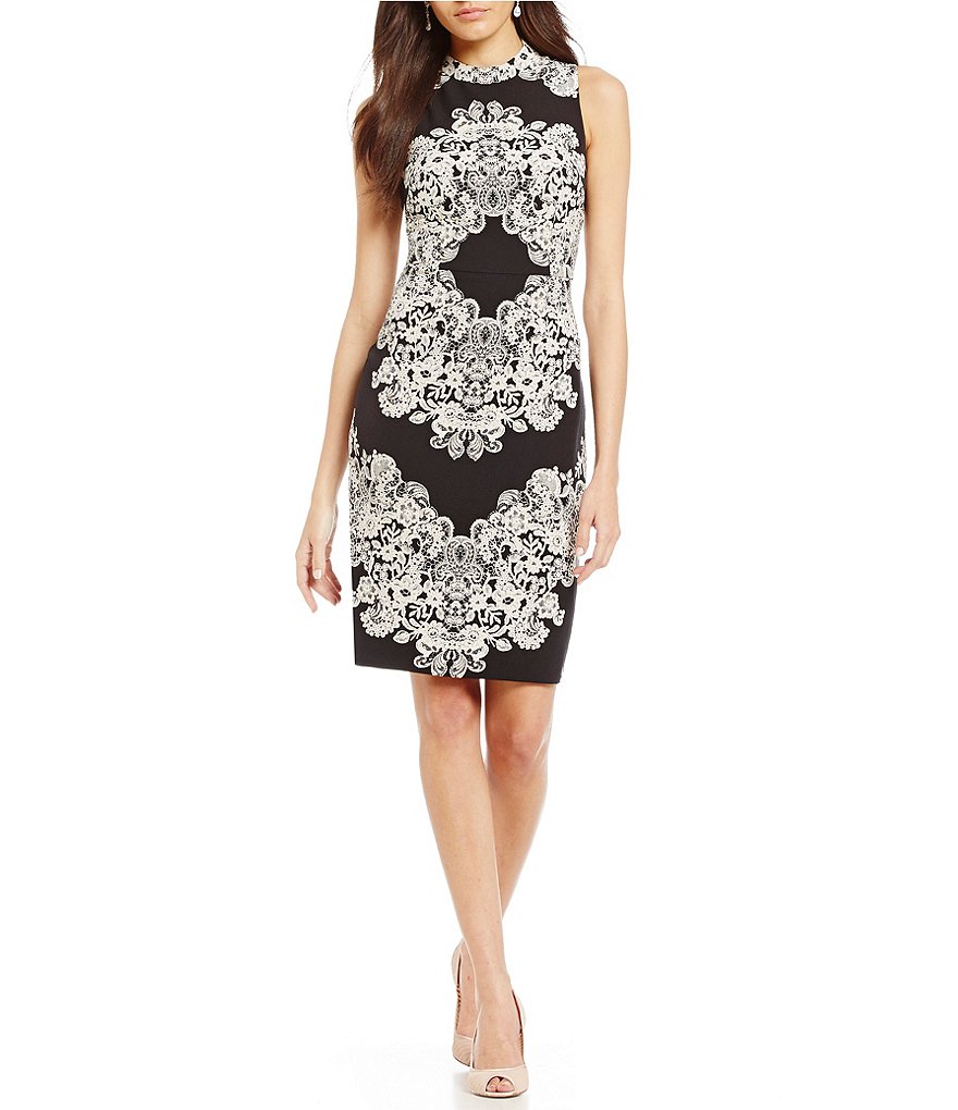 Adrianna Papell Lace Printed Mock Neck Sheath Dress