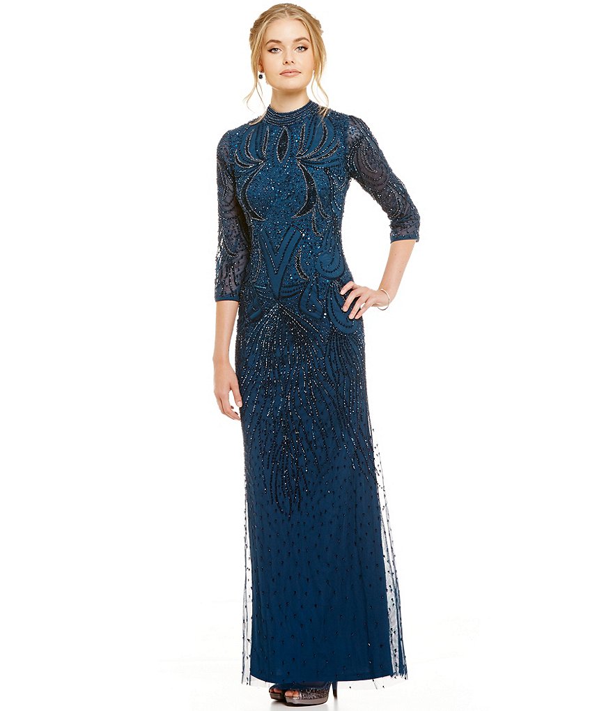 Adrianna Papell Mock Neck 3/4 Sleeve Beaded Column Gown