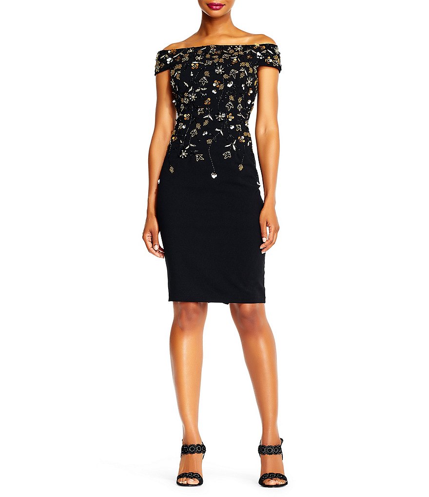 Adrianna Papell Off-The-Shoulder Beaded Floral Sheath Dress