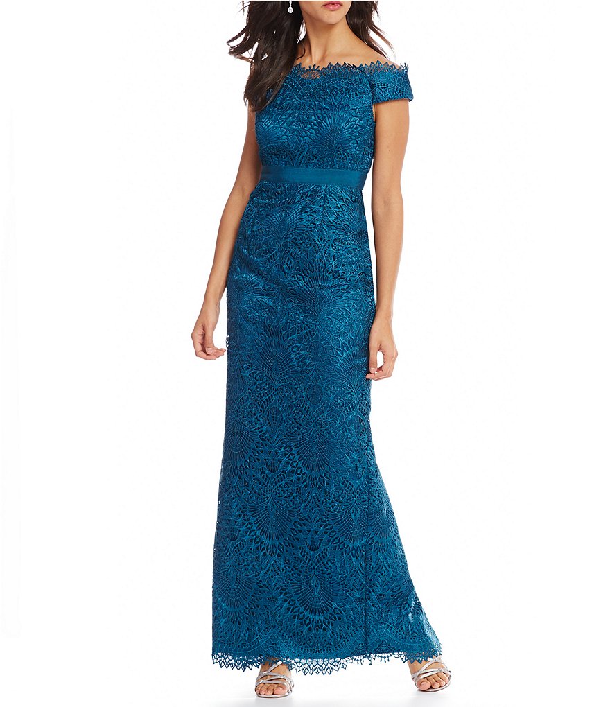 Adrianna Papell Off-The-Shoulder Embroidered Lace Gown