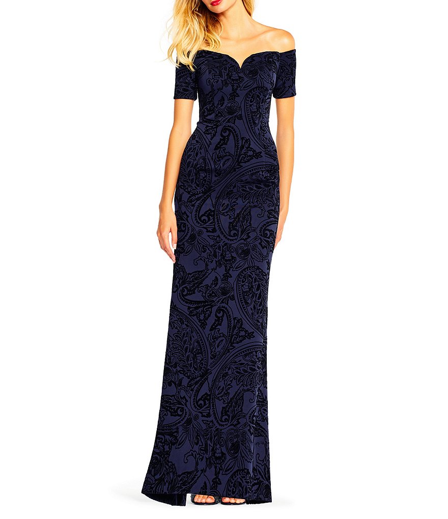 Adrianna Papell Off-the-Shoulder Flocked Velvet Gown