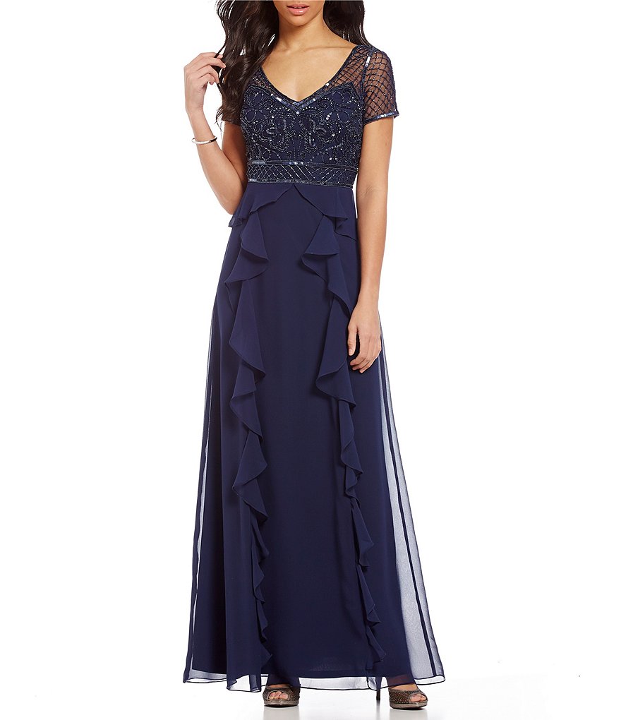 Adrianna Papell Petite Beaded Bodice Ruffled Gown