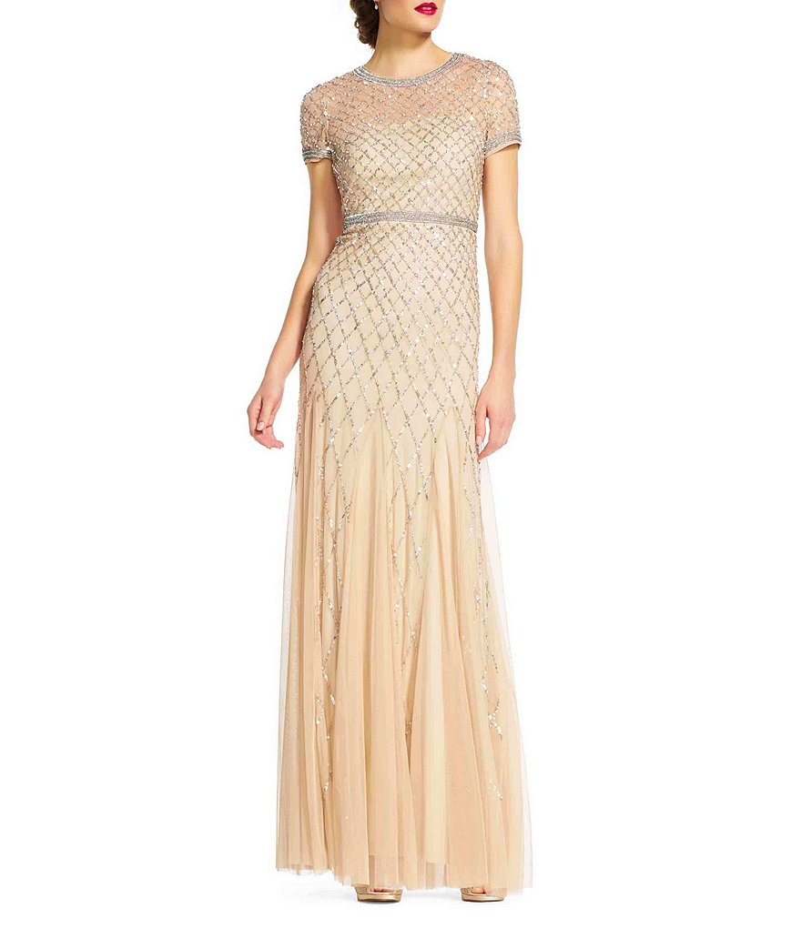 Adrianna Papell Petite Beaded Cap-Sleeve Gown