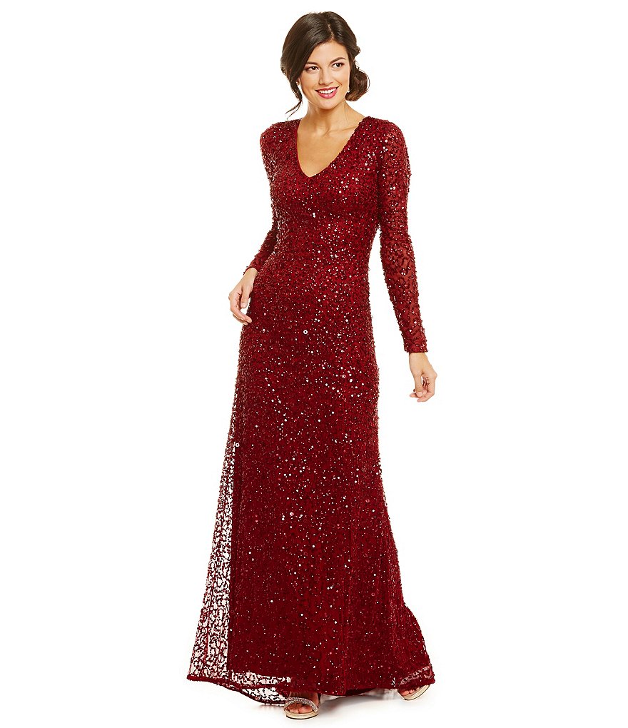 Adrianna Papell Petite V-Neck Long Sleeve Beaded Gown