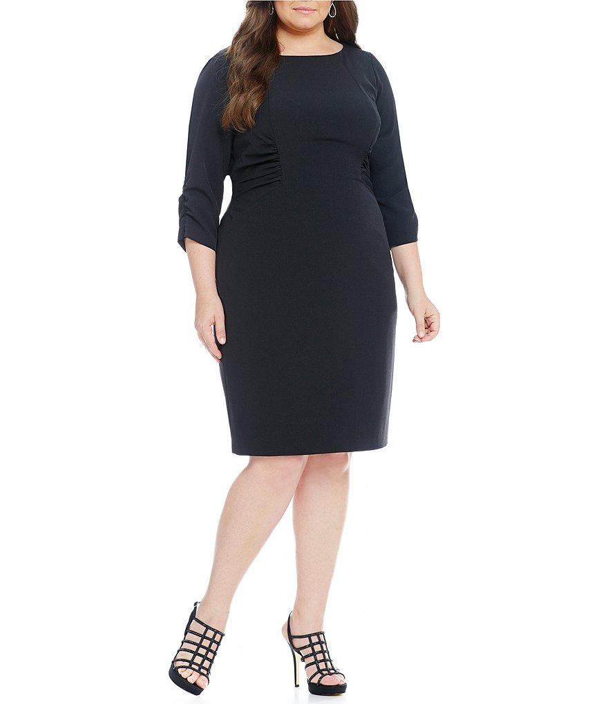 Adrianna Papell Plus 3/4-Sleeve Crepe Ruched Dress