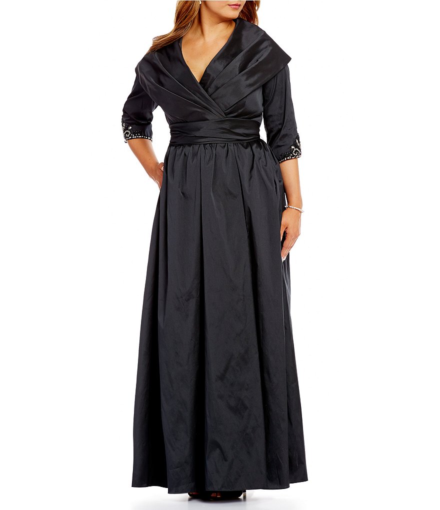 Adrianna Papell Plus 3/4 Sleeve Portrait Collar Silky Taffeta Gown