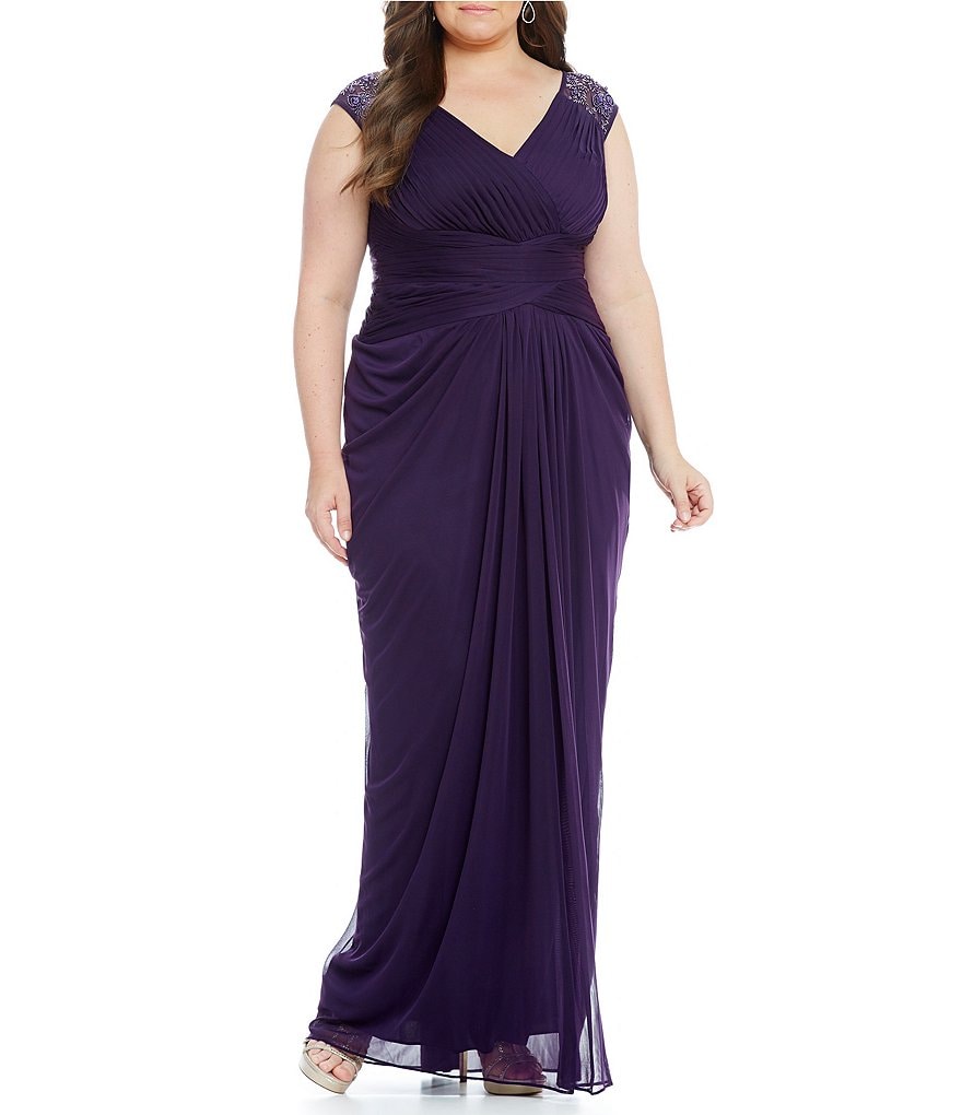 Adrianna Papell Plus Beaded Cap-Sleeve Shirred Tulle Gown
