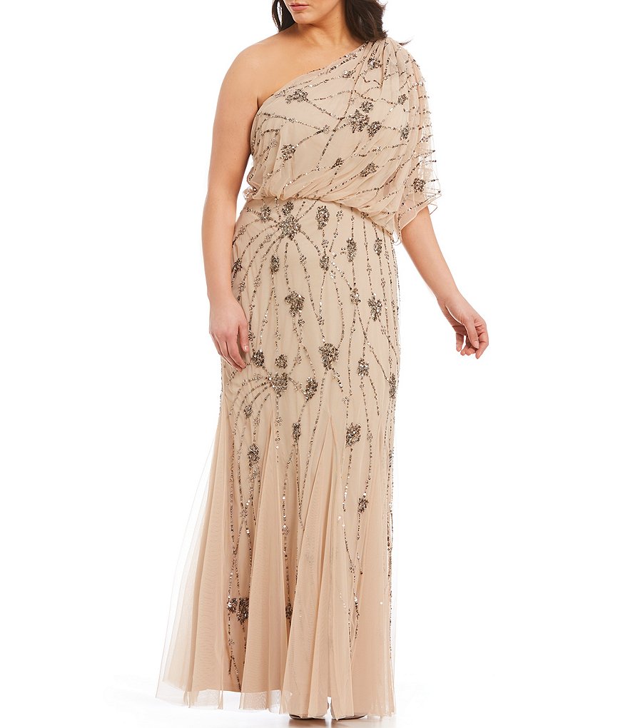 Adrianna Papell Plus Beaded One-Shoulder Gown