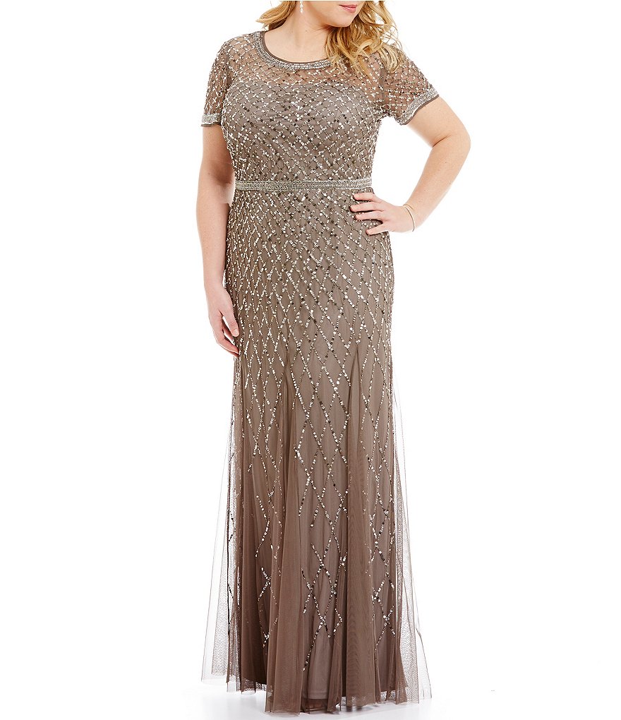 Adrianna Papell Plus Beaded Short Sleeve Gown