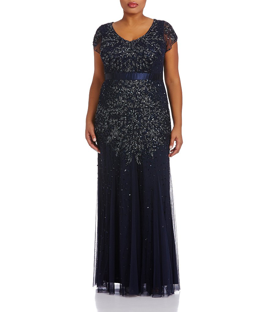 Adrianna Papell Plus Cap-Sleeve Beaded Gown