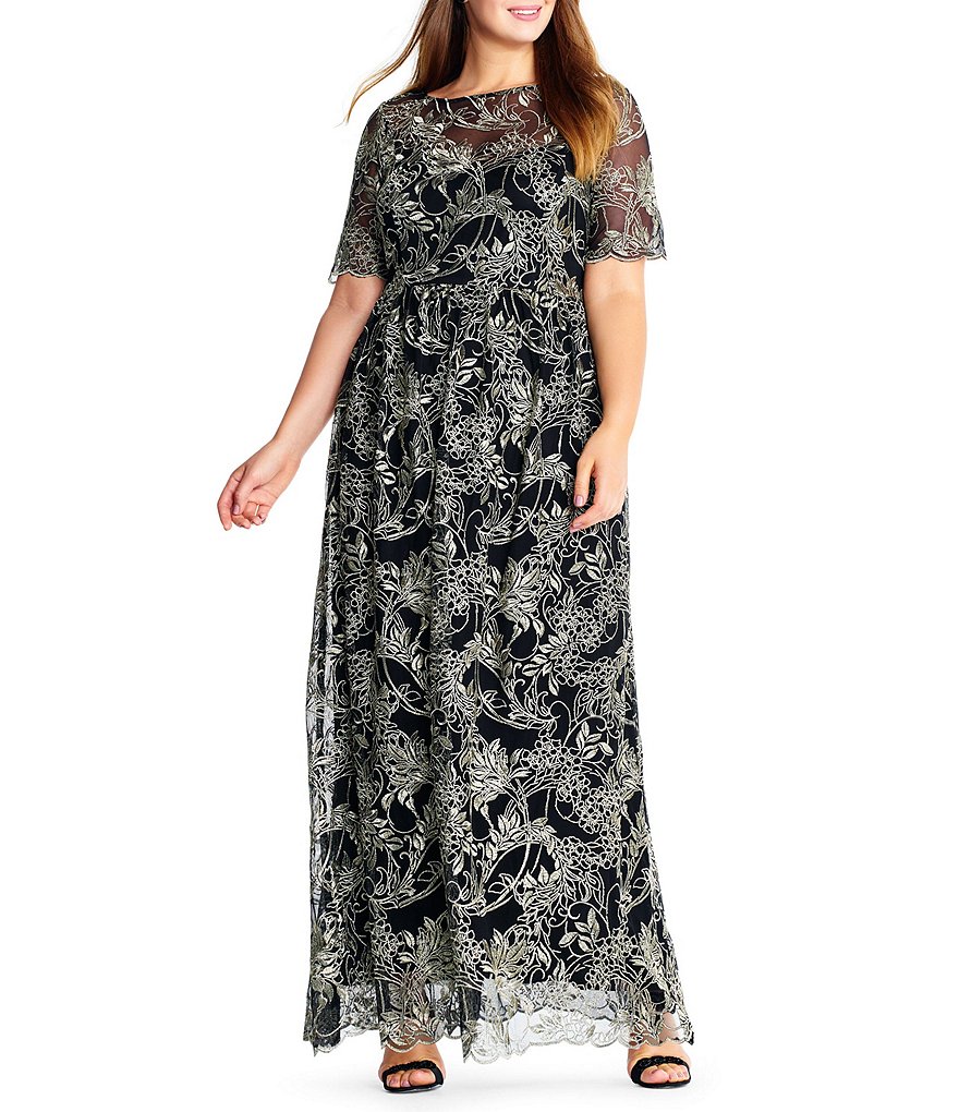Adrianna Papell Plus Embroidered Metallic Gown