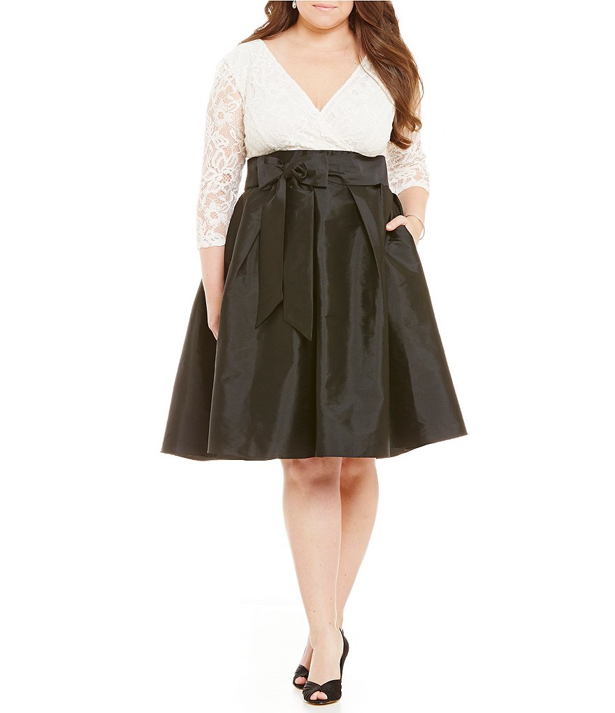 Adrianna Papell Plus Lace-Bodice Taffeta A-Line Dress