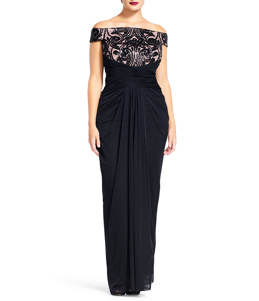 Adrianna Papell Plus Off-Shoulder Sequin Tulle Gown