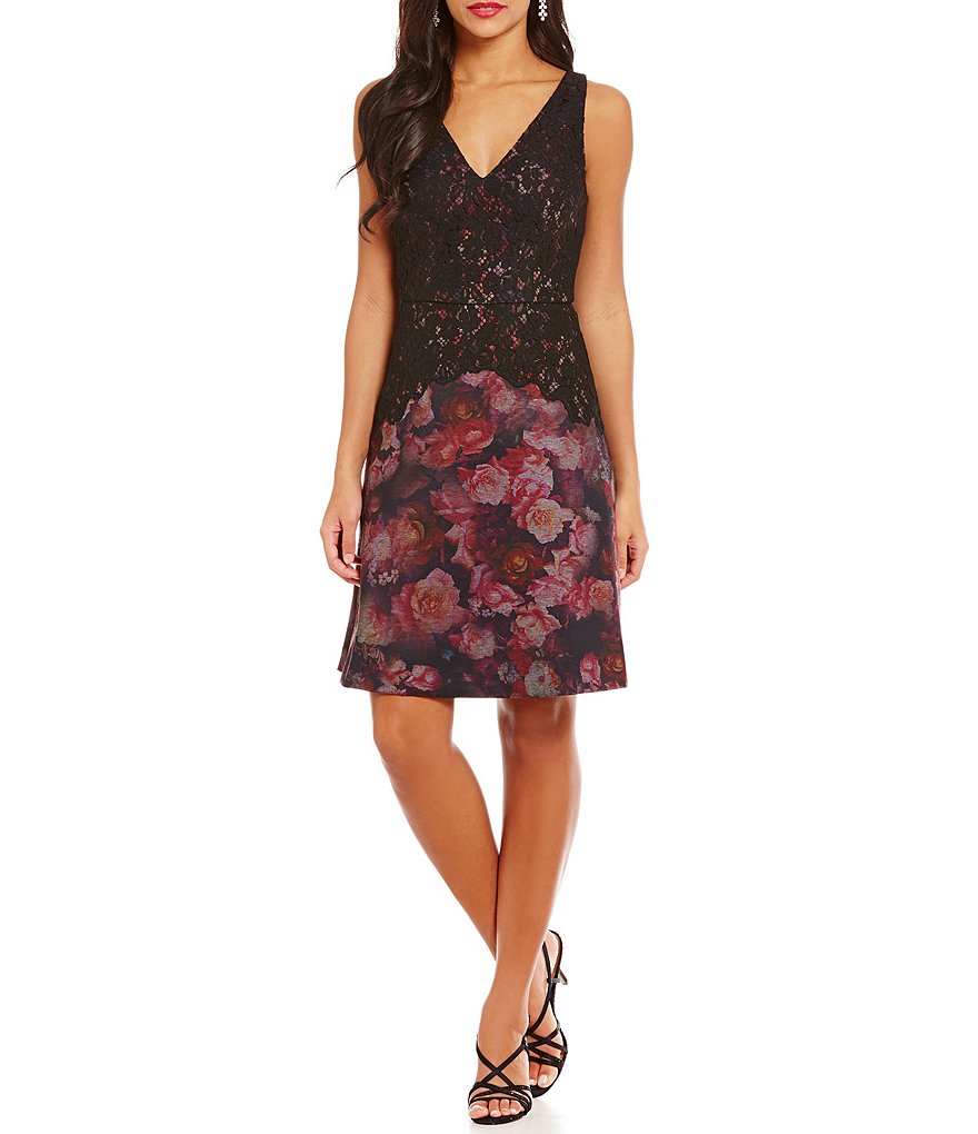 Adrianna Papell Rose Print Knit Fit-and-Flare Lace Overlay Dress