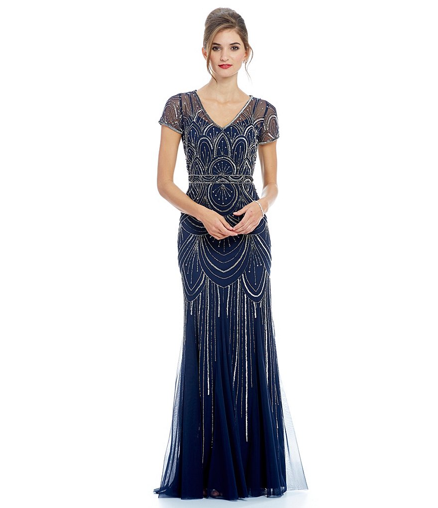 Adrianna Papell Scallop-Beaded Short Sleeve Gown