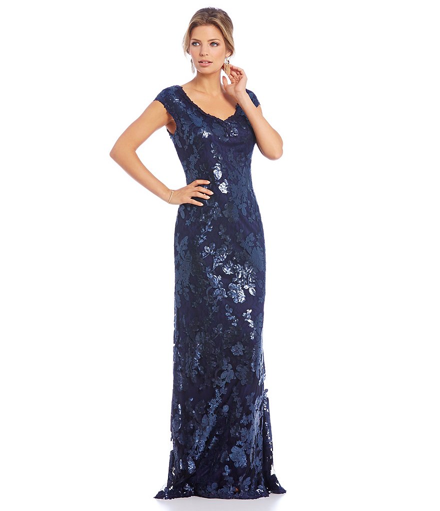 Adrianna Papell Sequin Lace Cap-Sleeve Gown