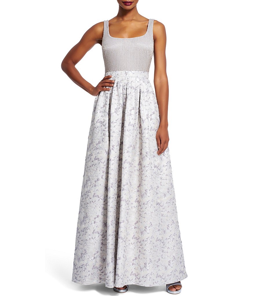 Adrianna Papell Sleeveless Beaded Bodice Jacquard Ball Gown