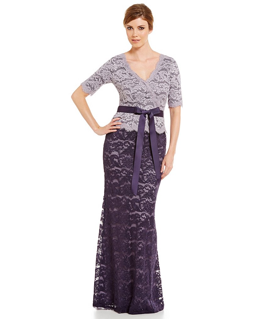 Adrianna Papell Surplice 3/4 Sleeve Lace V-Neck Belted Gown