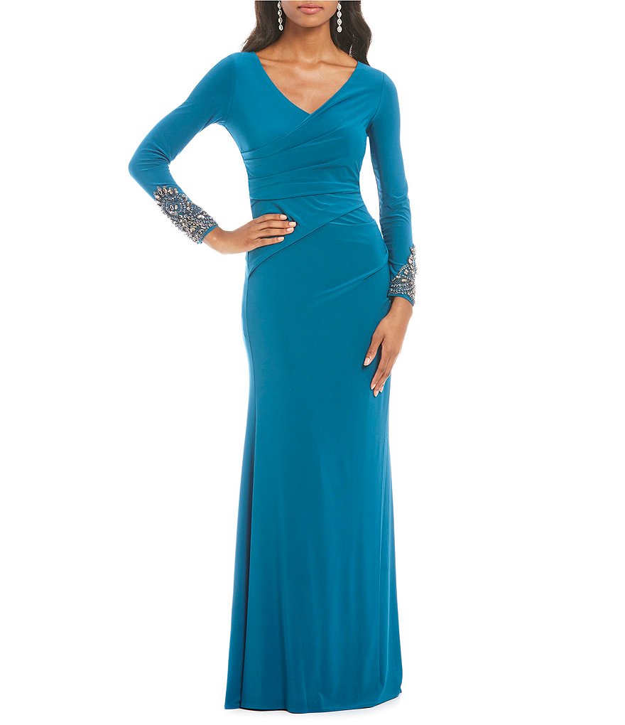 Adrianna Papell V-Neck Embellished Draped Jersey Gown