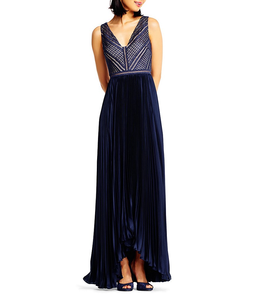 Adrianna Papell V-Neck Eyelet Lace Pleated Hi-Low Gown