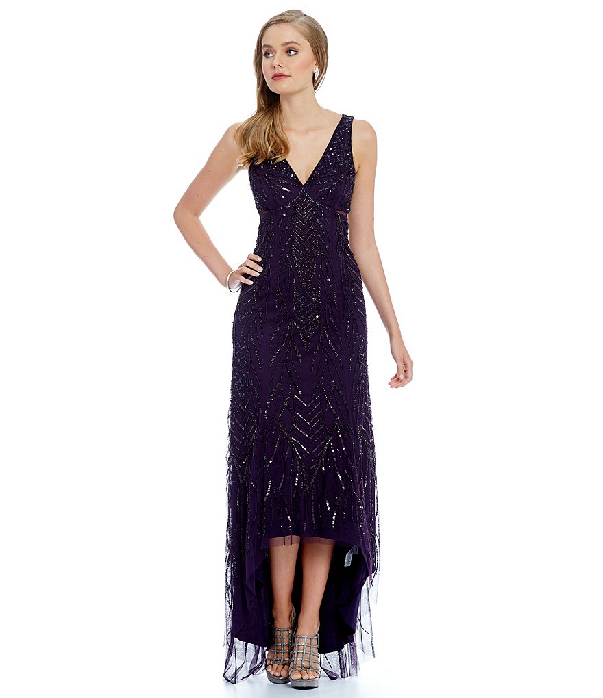 Adrianna Papell V-Neck Hi Low Beaded Gown