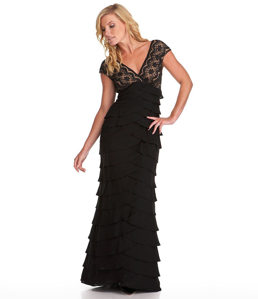 Adrianna Papell V-Neck Lace Tiered Skirt Gown